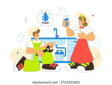Water Purification System Technology Illustration Featuring Clean Drinking Water Filtration Process With Eco Friendly Industrial Solution Background