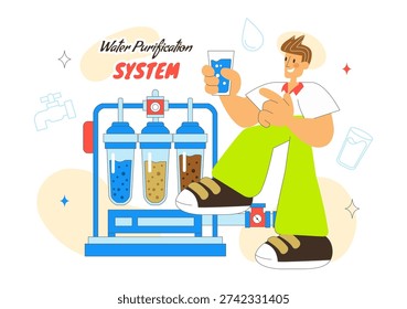 Water Purification System Technology Illustration Featuring Clean Drinking Water Filtration Process With Eco Friendly Industrial Solution Background