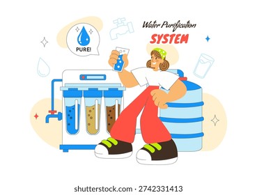 Water Purification System Technology Illustration Featuring Clean Drinking Water Filtration Process With Eco Friendly Industrial Solution Background