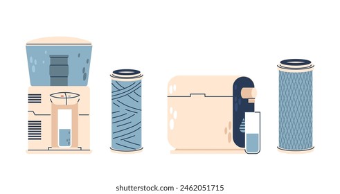 Water Purification Systems Vector Image Set, Featuring Various Filters And Dispensers. It Illustrates Different Designs