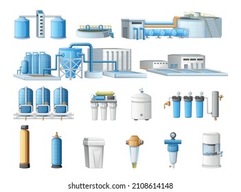Water purification technology cartoon set with cleaning filtration industrial and household equipment isolated vector illustration