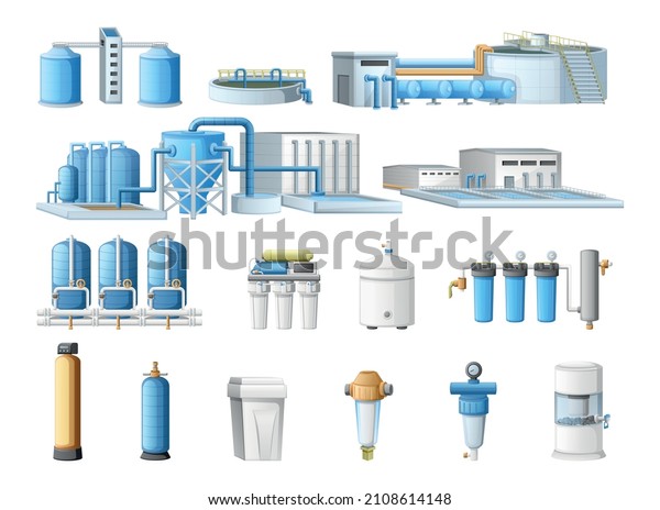 Water purification technology cartoon set\
with cleaning filtration industrial and household equipment\
isolated vector\
illustration