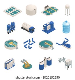 Water purification technology elements isometric icons collection with wastewater cleaning filtration and pumping units isolated vector illustration 