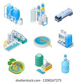 Water purification technology. Isometric treatment water industrial system, wastewater separator vector isolated set. Isometric purification and separator water, reservoir equipment illustration