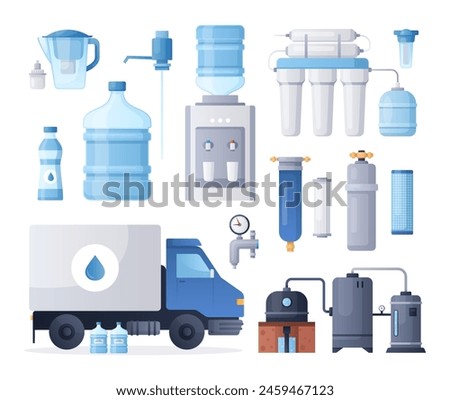 Water purification. Vector set of water delivery bottles, truck, system of filters valve, tanks and pipes, aqua mineral filtration, household equipment. Business logistic industry. Delivery service