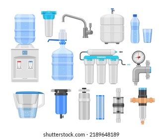 Water purifier. Cleaning filtration and antibacterial water treatment, home purification equipment with filters valve and water tank. Vector isolated set of water filtration system illustration