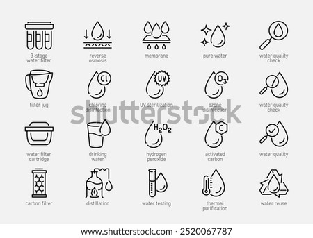 Water Purifying and Filtering Vector Icon Set in Outline Style