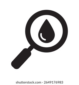 Ícone de análise da qualidade da água com uma lupa em uma gota para testar a pureza de líquido e pesquisa científica sobre os níveis de contaminação vetor ícone de glifo sólido