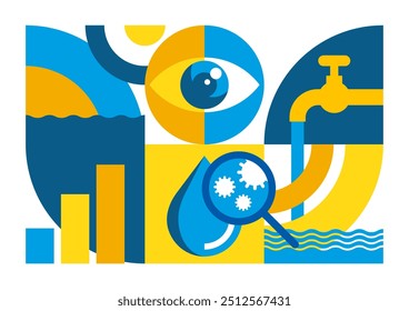 Controlo da qualidade da água, decoração de artigos ou relatórios. Características químicas, físicas e biológicas da água com base nos padrões de seu uso. Estilo de padrão geométrico.