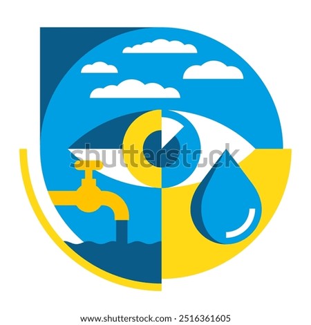 Water quality control, decoration for article or report. Chemical, physical, and biological characteristics of water based on standards of its usage. Geometric pattern with faucet, drop and beholders