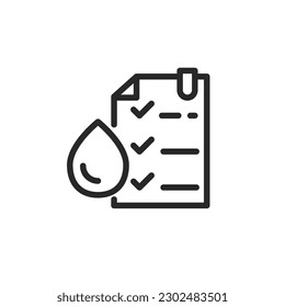Icono de la calidad del agua. Signo editable de contorno de vector que ilustra una lista de verificación y una gota de agua, que simboliza las pruebas de seguridad y pureza del agua.