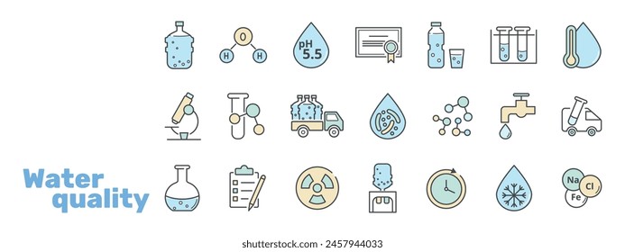 Water quality icons set. Molecule, freezing point, bacterial, heavy metals, tap, clean, drop, faucet, hot, drink, bottle, cooler, truck vector illustration.