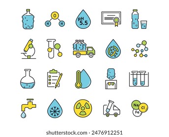 Water quality icons set. Molecule, freezing point, bacterial, heavy metals, tap, clean, drop, faucet, hot, drink, bottle, cooler, truck vector illustration.