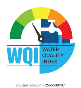 Water Quality Index monitoring - visual concept with eye, drop, faucet and some quality meter. Isolated Vector illustration in flat colors