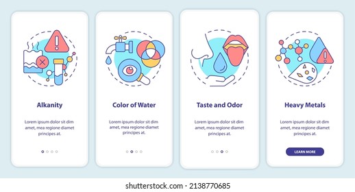 Water quality indicators onboarding mobile app screen. Color and taste walkthrough 4 steps graphic instructions pages with linear concepts. UI, UX, GUI template. Myriad Pro-Bold, Regular fonts used
