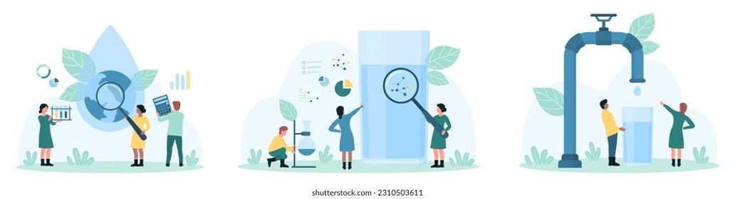 Water quality inspection set vector illustration. Cartoon tiny people study drop sample in glass of water through magnifying glass, control chemical and biological pollution results with equipment