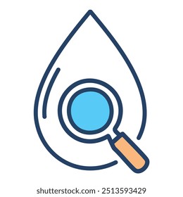 Icono de la lupa de la calidad del agua. Ilustración vectorial de una gota de agua con una lupa, que simboliza el análisis o la inspección de la calidad del agua.