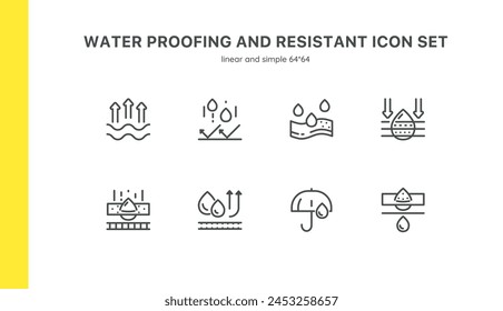 Water Quality and Management Icon Set: Enhancing Safety and Efficiency in Water Use. Features Droplets, Shields, Gears, Magnifying Glasses, and Chlorination. Water Control, Reduction and Savings Icon