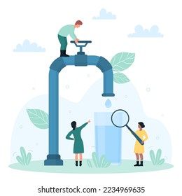 Water quality research and analysis vector illustration. Cartoon tiny people researching droplets from tap with magnifying glass, studying and monitoring bacterias, germs and viruses in tests