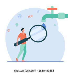 Water quality research. Man looking at water from tap through magnifying glass flat vector illustration. Chemistry, biology, safety concept for banner, website design or landing web page