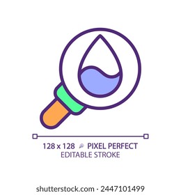 Water quality RGB color icon. Water droplet and magnifying glass. Clean water for drinking. Isolated vector illustration. Simple filled line drawing. Editable stroke. Pixel perfect