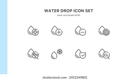 Conjunto de iconos de calidad y seguridad del agua: gotas, escudos, engranajes y más. Iconos vectoriales editables para hidratación, protección y gestión.