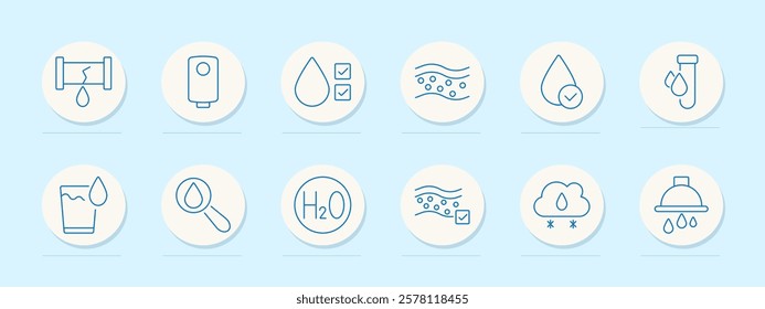 Water quality set icon. Leakage, heater, drop check, contamination, filtration, laboratory, drinking water, research, purification, climate, shower