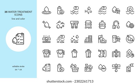 Water Quality Signs and Water Treatment Vector Icons Set. From Water Drop to Analysis, H2O Hygiene, PH Balance and Laboratory Bacterial Research. Editable Outline Collection.