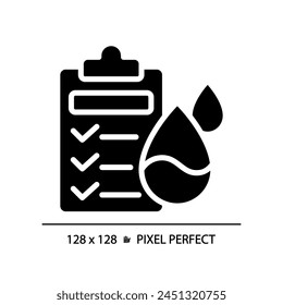 Water quality testing black glyph icon. Drinking water health standards. Testing protocol. Lab test. Silhouette symbol on white space. Solid pictogram. Vector isolated illustration. Pixel perfect