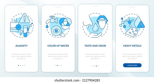 Water quality testing blue onboarding mobile app screen. Heavy metals walkthrough 4 steps graphic instructions pages with linear concepts. UI, UX, GUI template. Myriad Pro-Bold, Regular fonts used