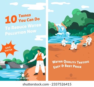 Water quality testing, easy and best practice, reduce water. Ten things you can do. Specialists and scientists taking sample from lakes, rivers and severs. Vector in flat styles illustration