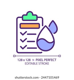 Water quality testing RGB color icon. Drinking water health standards. Testing protocol. Laboratory test. Isolated vector illustration. Simple filled line drawing. Editable stroke. Pixel perfect