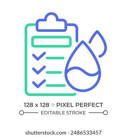 Prueba de calidad del agua icono de línea de dos colores. Normas de salud del agua potable. Protocolo de prueba. Prueba de laboratorio bicolor contorno símbolo. Pictograma lineal de duotono. Ilustración aislada Trazo editable