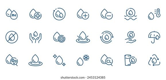 Water Quality and Treatment Icons. Set of Vector Line Water Drops Infographic for Purification, Filtration, and Analysis in a Thin Line Style