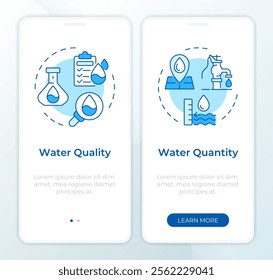 Water quantity quality nexus blue onboarding mobile app screen. Walkthrough 2 steps editable graphic instructions with linear concepts. UI, UX, GUI template