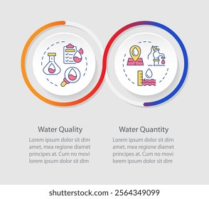 Water quantity and quality nexus infographics circles sequence. Liquid consumption. Eco friendly. Visualization layout with 2 steps. Info chart loop process presentation