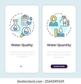 Water quantity and quality nexus onboarding mobile app screen. Walkthrough 2 steps editable graphic instructions with linear concepts. UI, UX, GUI template