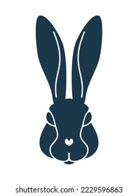 Water rabbit year. Dark blue silhouette of a rabbit's head with long ears. Vector illustration isolated on a white background for the decoration of New Year's cards, invitations, stickers in 2023.