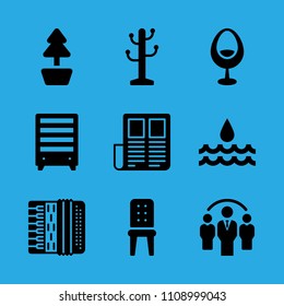 water, rack, group, plant, news paper, bookshelf, chair, accordion and chair vector icon. Simple icons set