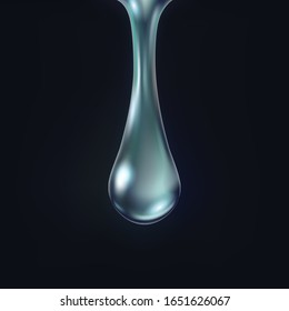 Water rain drop isolated on black background. Realistic pure droplet. Vector blue clear bubble or water dew template.
