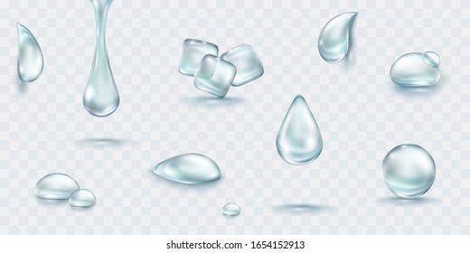 Water rain drop set isolated on transparent background. Realistic collagen droplet collection. Vector blue clear bubbles, aqua elements or dew drops template.
