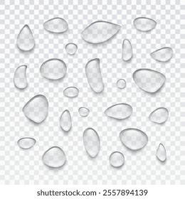 Water rain drop set isolated on transparent background. Realistic condense droplets collection. Vector clear bubbles, gel elements or dew templates	