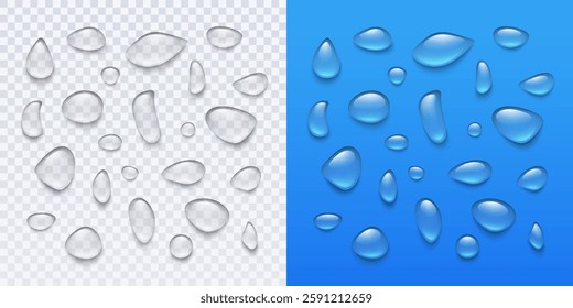 Water rain drop set isolated on transparent and blue backgrounds. Realistic condense droplets collection. Vector clear bubbles, gel elements or dew templates