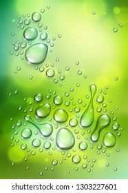 Water rain drops or condensation over blurred green nature background beyond the window, realistic transparent 3d vector illustration, easy to put over any background.