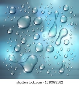 Water rain drops or condensation over blurred background beyond the window realistic transparent 3d vector illustration, easy to put over any background or use droplets separately.