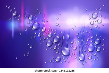 Water rain drops or condensation over blurred night city background beyond the window, realistic transparent 3d vector illustration, easy to put over any background.