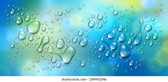 Water rain drops or condensation over blurred green nature background beyond the window, realistic transparent 3d vector illustration, easy to put over any background.