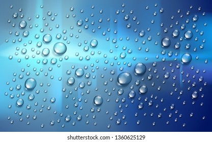 Water rain drops or condensation over blurred night city background beyond the window, realistic transparent 3d vector illustration, easy to put over any background.