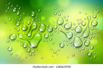 Water rain drops or condensation over blurred green nature background beyond the window, realistic transparent 3d vector illustration, easy to put over any background.