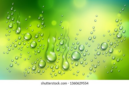 Water rain drops or condensation over blurred green nature background beyond the window, realistic transparent 3d vector illustration, easy to put over any background.